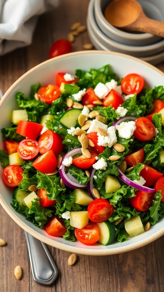 A colorful kale salad with cherry tomatoes, cucumber, red onion, feta cheese, and sunflower seeds in a bowl on a wooden table.